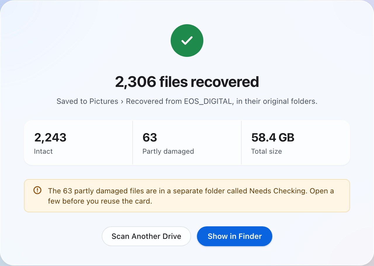 Recovery complete: 2,306 files recovered to Pictures in their original folders, 2,243 intact and 63 partly damaged in a separate Needs Checking folder.