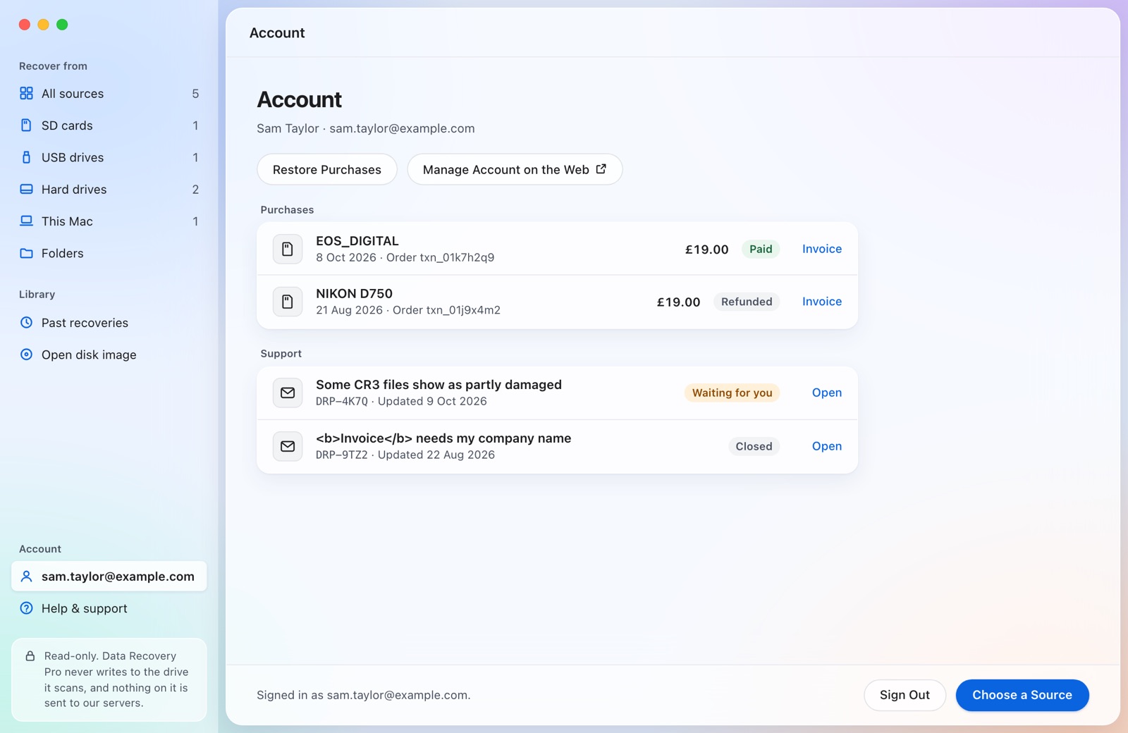 Your account, if you want one. Purchases on any computer, invoices and support in one place.