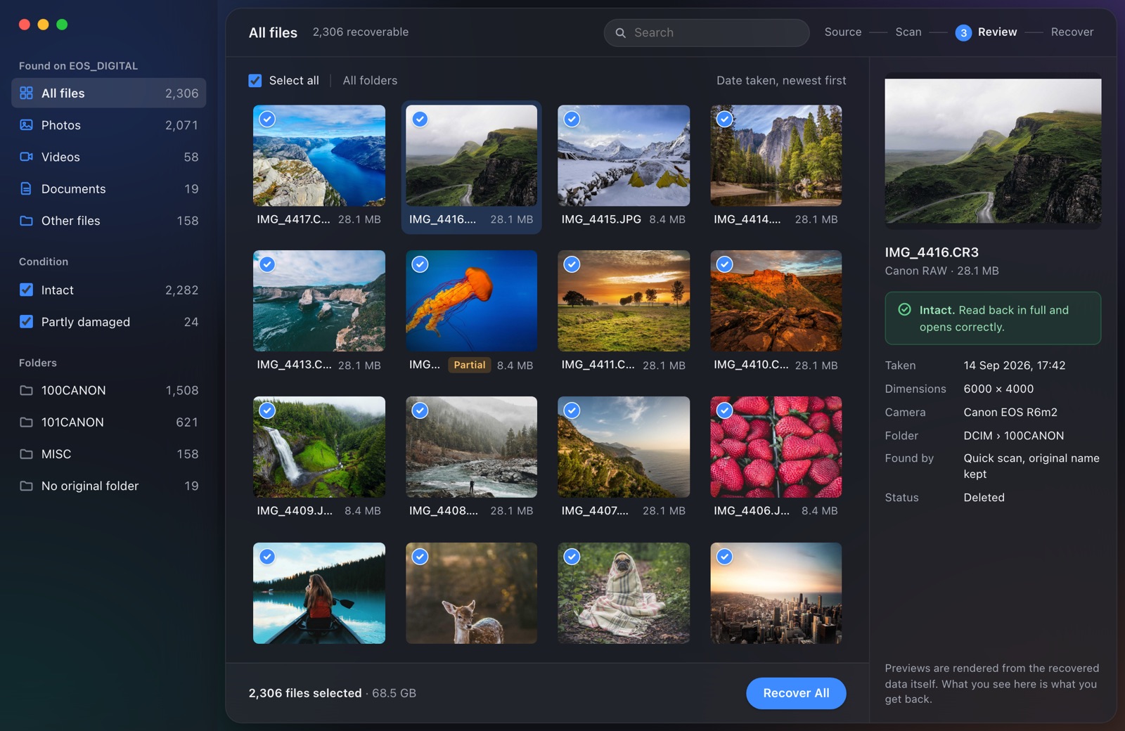 Data Recovery Pro in dark mode, showing recovered photos.