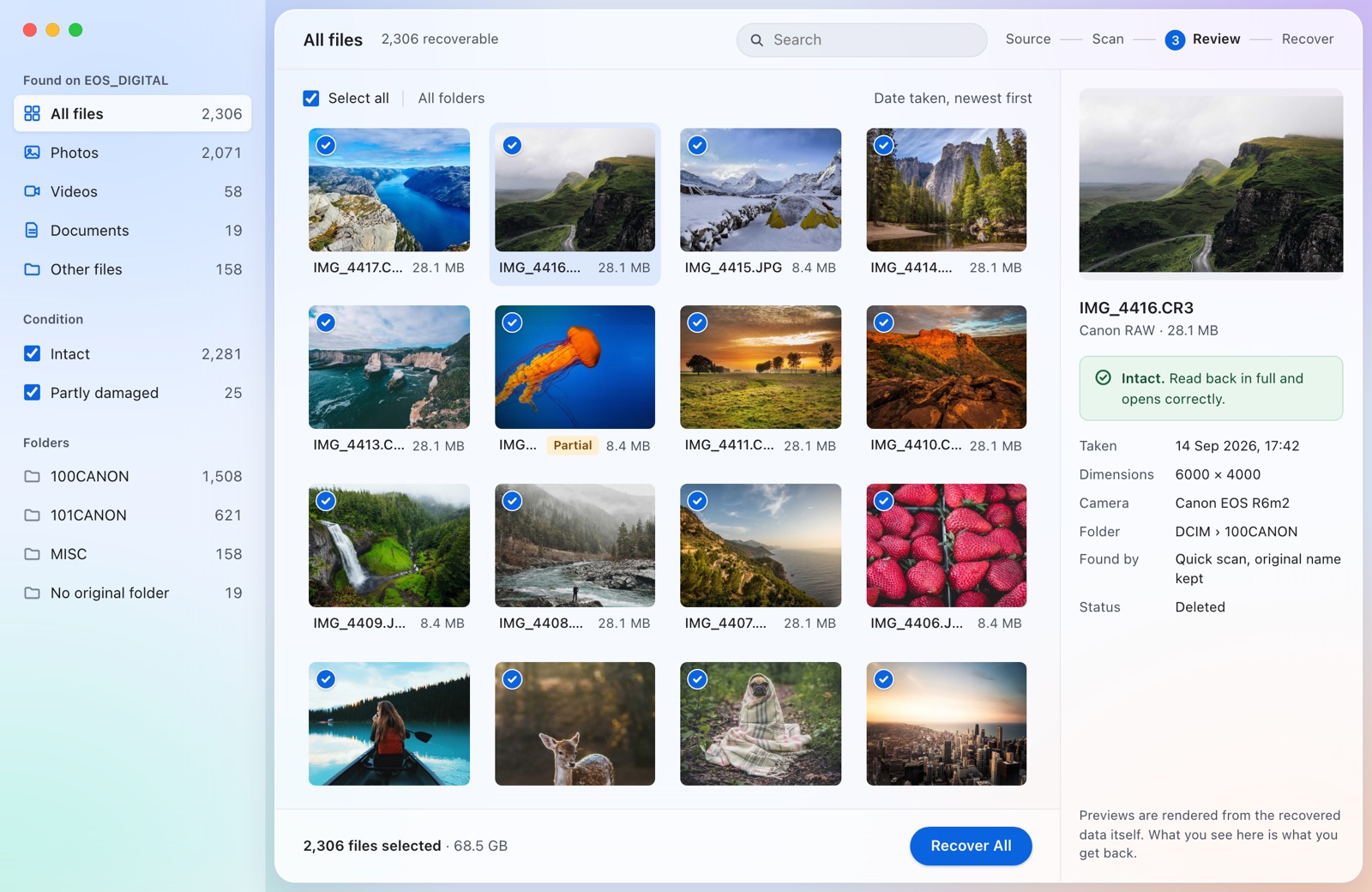 Review what was found. Thousands of files, filtered by type, folder and condition.